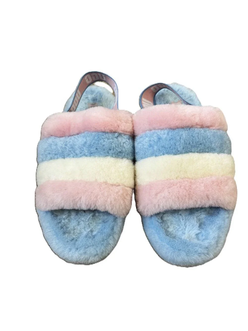 Ugg Fuzzy Plush Pink & Blue Open Toe Slippers 9 - Picture 2 of 5
